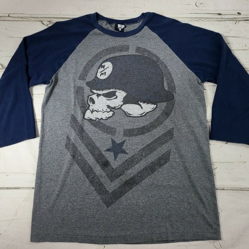 Vintage Metal Mulisha Skull Helmet Grey/Navy 3/4 Sleeve T-Shirt Mens M